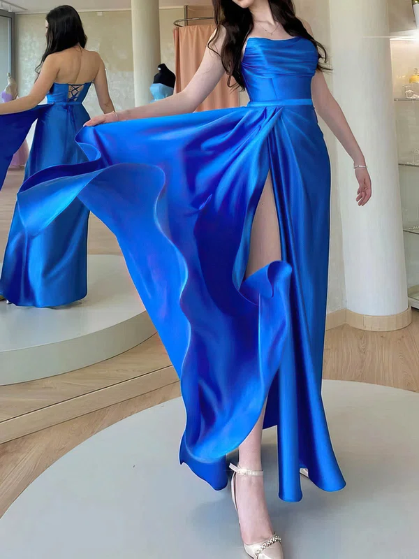 A-line Strapless Silk-like Satin Floor-length Prom Dresses With Split Front #UKM020112810