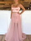 A-line Scoop Neck Satin Tulle Sweep Train Prom Dresses With Beading #UKM020112816