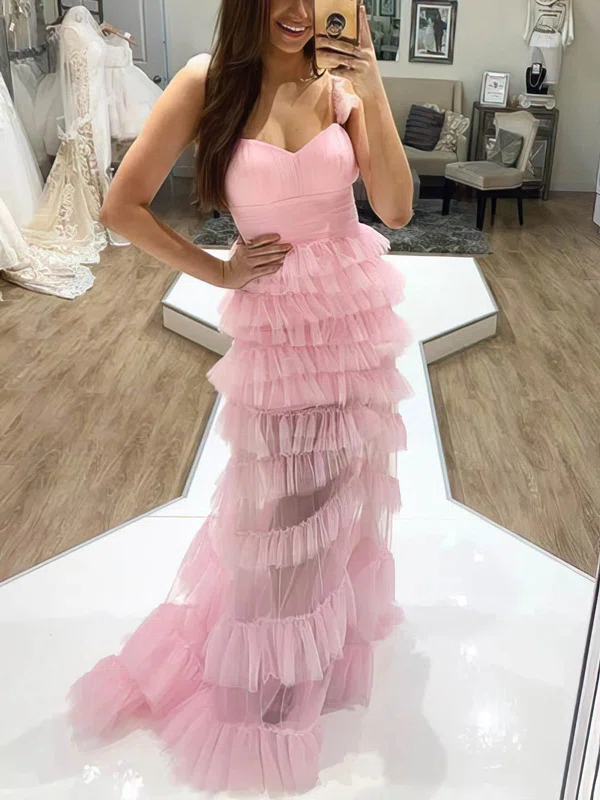A-line V-neck Tulle Sweep Train Prom Dresses With Tiered #UKM020112817