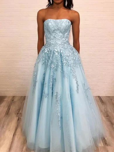 A-line Strapless Lace Tulle Floor-length Prom Dresses With Appliques Lace #UKM020112819