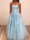 A-line Strapless Lace Tulle Floor-length Prom Dresses With Appliques Lace #UKM020112819