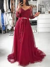 Ball Gown/Princess Sweep Train V-neck Tulle Appliques Lace Prom Dresses #UKM020112822
