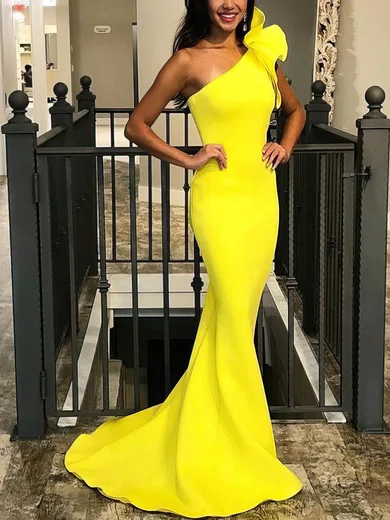 Trumpet/Mermaid Sweep Train One Shoulder Stretch Crepe Elegant Prom Dresses #UKM020112824