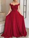A-line Off-the-shoulder Jersey Sweep Train Prom Dresses With Appliques Lace #UKM020112828