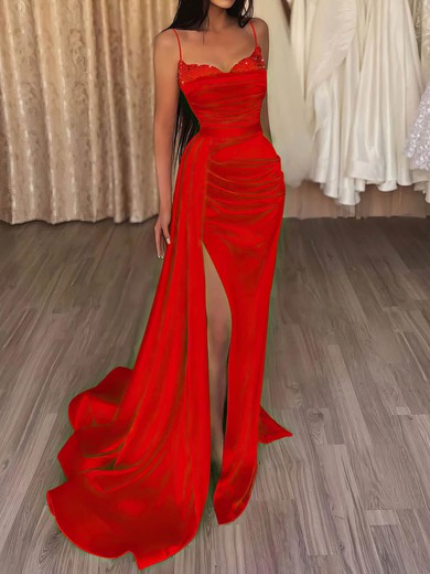 Sheath/Column Sweep Train V-neck Satin Beading Prom Dresses #UKM020112829