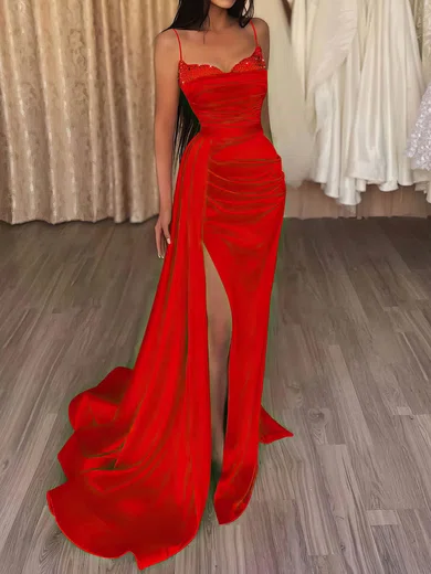 Sheath/Column V-neck Satin Prom Dresses With Ruched #UKM020112829