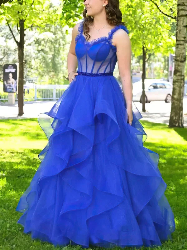 A-line V-neck Tulle Sweep Train Prom Dresses With Cascading Ruffles #UKM020112830