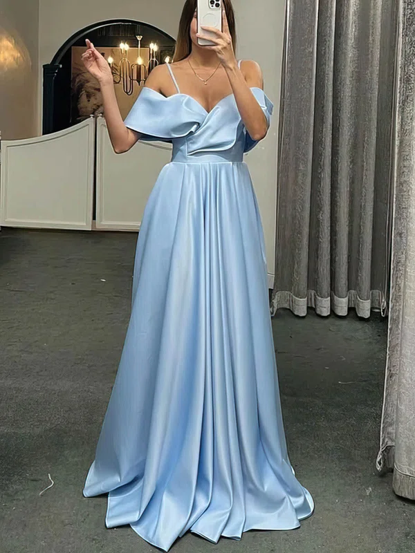 A-line Off-the-shoulder Silk-like Satin Sweep Train Prom Dresses With Pockets #UKM020112831