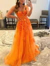 A-line Sweetheart Lace Tulle Sweep Train Prom Dresses With Appliques Lace #UKM020112834