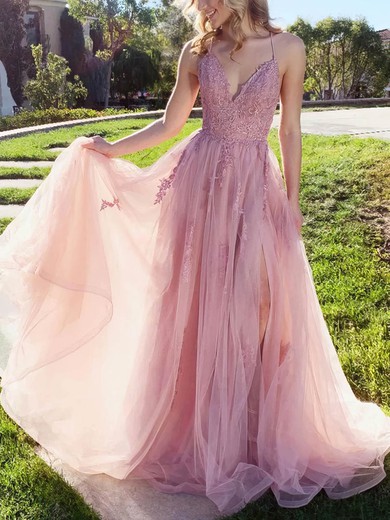 A-line V-neck Lace Tulle Sweep Train Prom Dresses With Split Front #UKM020112836