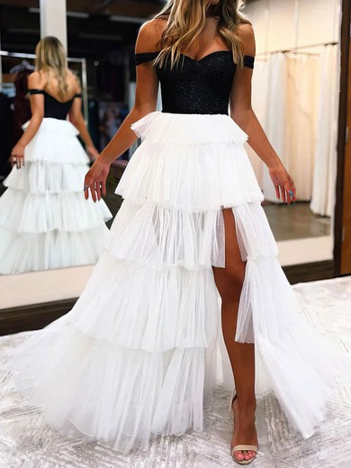 Ball Gown Off-the-shoulder Tulle Ruffle Tiered Prom Dresses #UKM020112838