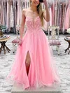 A-line V-neck Lace Tulle Glitter Sweep Train Prom Dresses With Split Front #UKM020112840