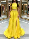 A-line Off-the-shoulder Satin Sweep Train Prom Dresses With Split Front #UKM020112841