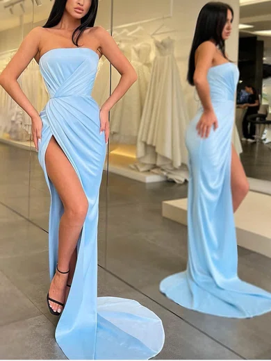 Sheath/Column Strapless Satin Prom Dresses With Ruched #UKM020112849