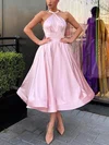 A-line Halter Satin Tea-length Prom Dresses With Bow #UKM020112853