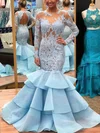Trumpet/Mermaid Scoop Neck Lace Organza Sweep Train Prom Dresses With Appliques Lace #UKM020112876