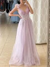 A-line V-neck Lace Tulle Floor-length Prom Dresses With Appliques Lace #UKM020112877