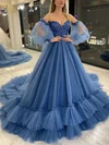 Ball Gown Off-the-shoulder Lace Tulle Sweep Train Prom Dresses With Appliques Lace #UKM020112878