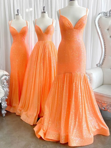 A-line V-neck Sequined Sweep Train Prom Dresses #UKM020112879