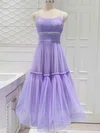 A-line Scoop Neck Tulle Tea-length Prom Dresses With Ruffles #UKM020112881