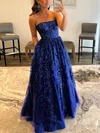 A-line Strapless Lace Tulle Sweep Train Prom Dresses With Pockets #UKM020112887