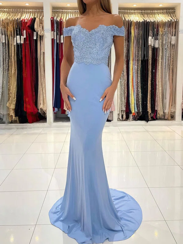 Mermaid Off-the-shoulder Jersey Modest Prom Dresses With Appliques #UKM020112888