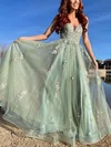 A-line V-neck Lace Tulle Sweep Train Prom Dresses With Appliques Lace #UKM020112891