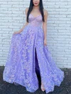 A-line Sweetheart Lace Tulle Sweep Train Prom Dresses With Split Front #UKM020112894