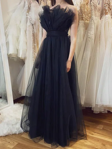 A-line Strapless Tulle Floor-length Prom Dresses With Bow #UKM020112895