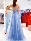 A-line V-neck Organza Sweep Train Prom Dresses With Split Front #UKM020112896