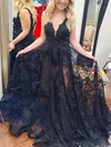 A-line V-neck Lace Tulle Sweep Train Prom Dresses With Appliques Lace #UKM020112897