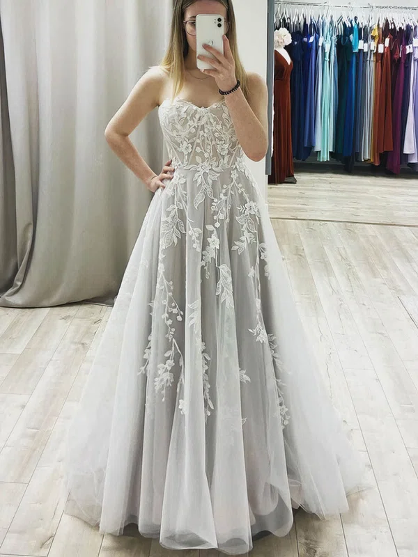A-line Sweetheart Lace Tulle Floor-length Prom Dresses With Appliques Lace #UKM020112898