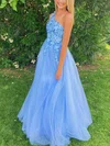 A-line One Shoulder Lace Tulle Sweep Train Prom Dresses With Appliques Lace #UKM020112900