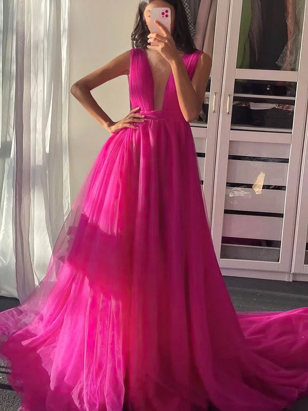 A-line V-neck Tulle Sweep Train Prom Dresses With Ruffles #UKM020112903