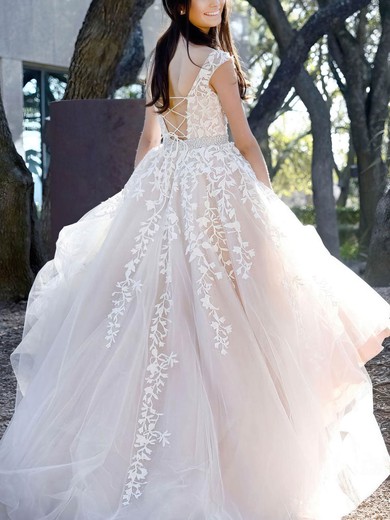 Princess Scoop Neck Tulle Lace Sweep Train Prom Dresses With Beading #UKM020112904