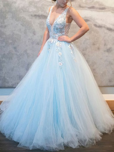 Princess V-neck Tulle Lace Floor-length Prom Dresses With Flower(s) #UKM020112911