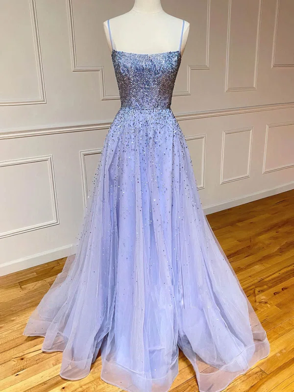 Ball Gown Square Neckline Tulle Sweep Train Beading Prom Dresses #UKM020112916