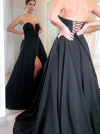 A-line Sweetheart Chiffon Sweep Train Prom Dresses With Split Front #UKM020112927