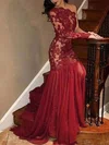 Trumpet/Mermaid One Shoulder Lace Tulle Sweep Train Prom Dresses With Appliques Lace #UKM020112929