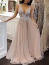 A-line V-neck Tulle Sweep Train Prom Dresses With Beading #UKM020112938