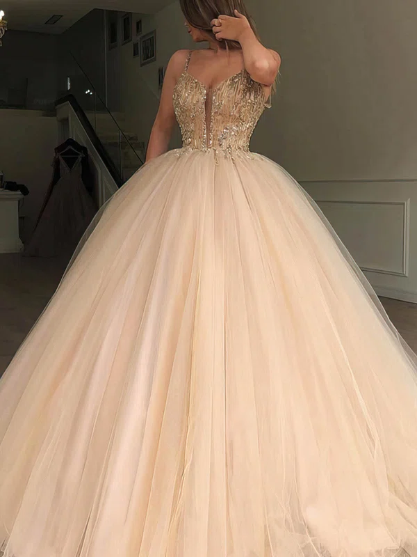 Ball Gown V-neck Tulle Sweep Train Prom Dresses With Beading #UKM020112944