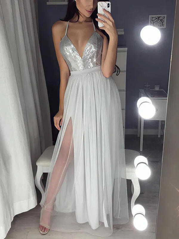 A-line Floor-length V-neck Tulle Sequined Split Front Prom Dresses #UKM020112947