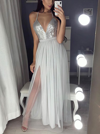 A-line Floor-length V-neck Tulle Sequined Split Front Prom Dresses #UKM020112947