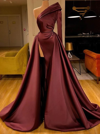 Ball Gown One Shoulder Long Sleeves Satin Prom Dresses With Ruched #UKM020112950