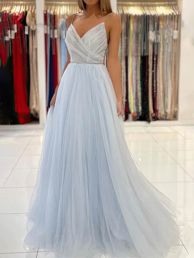 A-line V-neck Tulle Sweep Train Prom Dresses With Beading #UKM020112951