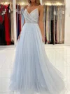 Ball Gown/Princess Sweep Train V-neck Tulle Beading Prom Dresses #UKM020112951