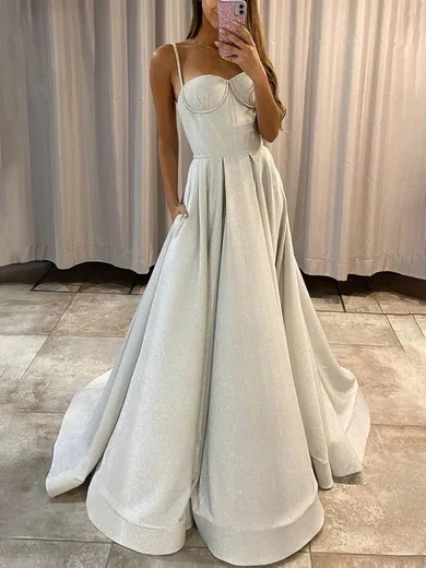 Ball Gown/Princess Sweep Train Sweetheart Shimmer Crepe Pockets Prom Dresses #UKM020112958