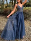 A-line V-neck Tulle Glitter Floor-length Prom Dresses With Beading #UKM020112960