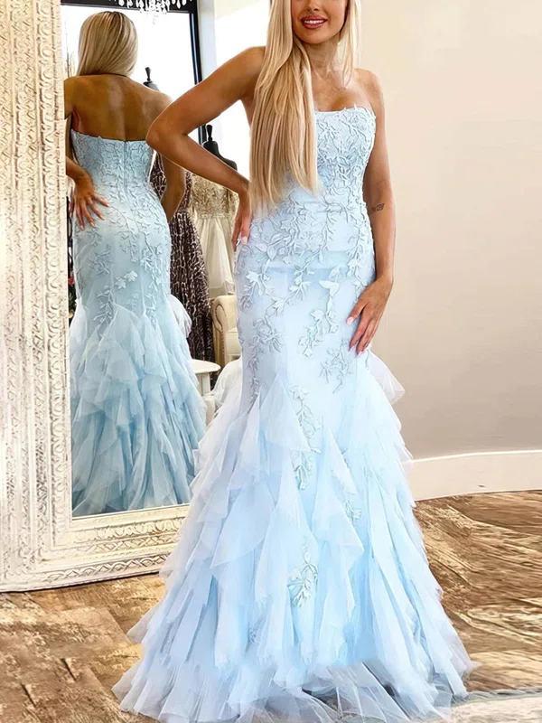 Trumpet/Mermaid Strapless Tulle Sweep Train Prom Dresses With Appliques Lace #UKM020112961