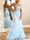 Trumpet/Mermaid Strapless Tulle Sweep Train Prom Dresses With Appliques Lace #UKM020112961